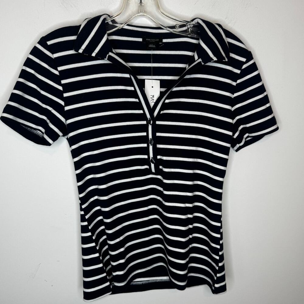 Ann Taylor S Short Sleeve Striped Henley Polo Top Navy Blue White New Sample